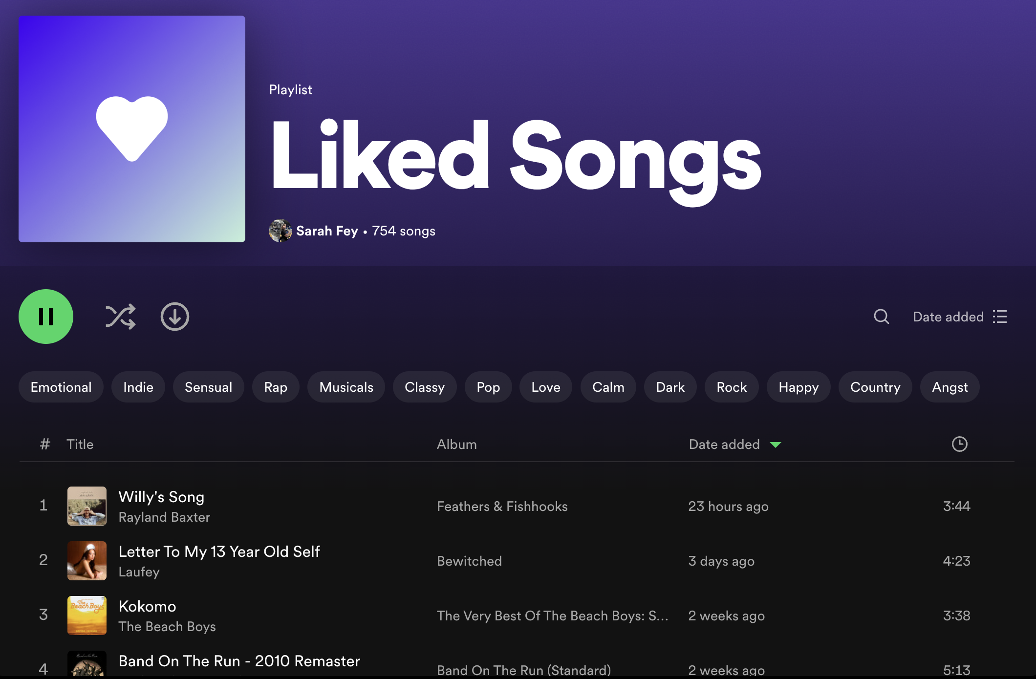 My Most Recent Liked Songs on Spotify